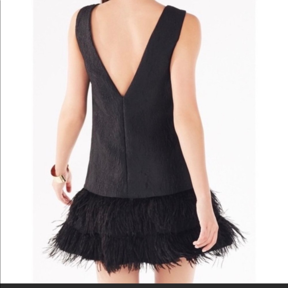BCBG MaxAzria Black Sleeveless Jamysen Feather Trim Jacquard Mini Dress Size 0 - Picture 2 of 11